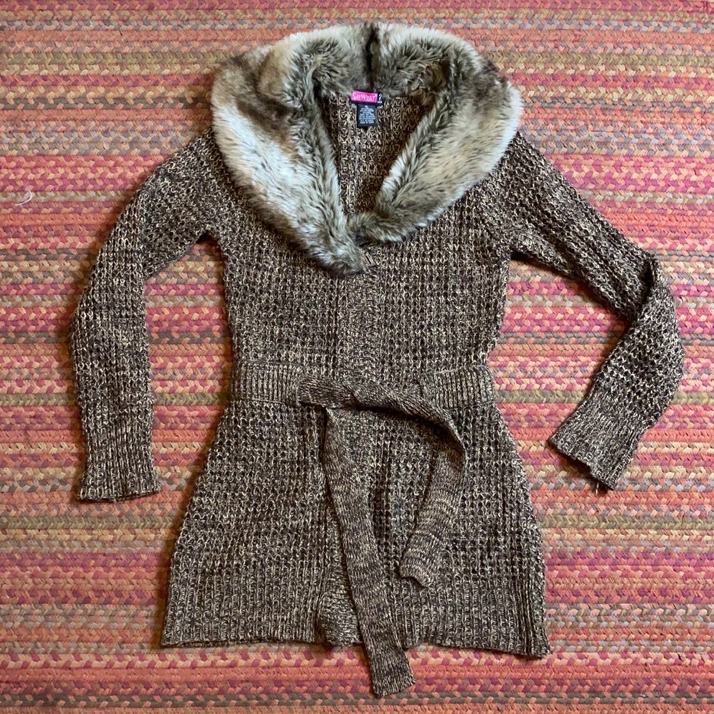 Vintage Y2k Vegan Faux Fur Brown Knit Long Fit Cardigan Cozy